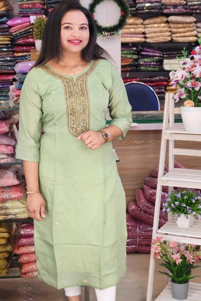 SEMI PARTYWEAR MUL CHANDERI KURTHIES N2412